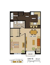2d floorplan of a 1 bedroom, 1 bathroom unit