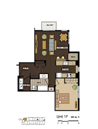 2d floorplan of a 1 bedroom, 1 bathroom unit