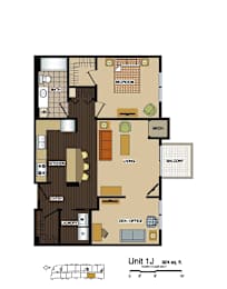 2d floorplan of a 1 bedroom, 1 bathroom unit