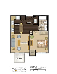 2d floorplan of a 1 bedroom, 1 bathroom unit