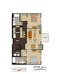 2d floorplan of a 2 bedroom, 2 bathroom unit