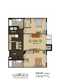 2d floorplan of a 2 bedroom, 2 bathroom unit