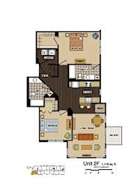 2d floorplan of a 2 bedroom, 2 bathroom unit