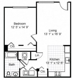 1 Bedroom 1 Bath Garden Apartment 2D Floorplan-Tremont Pointe Apartments, Cleveland, OH 44113