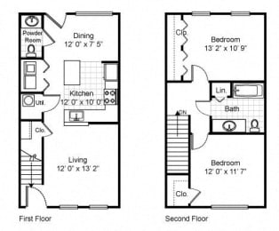 2 Bedroom 1 Bath Townhouse 2D Floorplan-Tremont Pointe Apartments, Cleveland, OH 44113