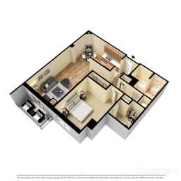 3d floorplan of a 1-bedroom 1-bathroom unit