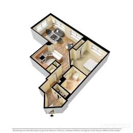 3d floorplan of a 1-bedroom 1-bathroom unit