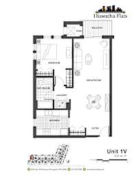 2d floorplan of a 1 bedroom, 1 bathroom unit