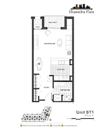 2d floorplan of a Studio apartment with one bathroom.