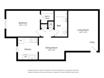 1 Bed 1 Bath Floor Plan | 730 Sq. Ft. at Chevy Chase, Texas