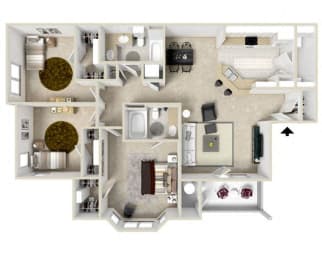 3 Bed, 2 Bath Floor Plan at Charleston Apartment Homes, Mobile, Alabama
