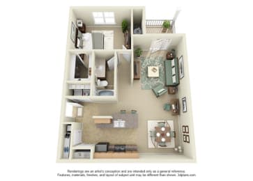 1 bedroom Juniper floor plan at the Haven at Reed Creek Apartments Martinez, GA