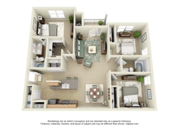 3 bedroom Redbud floor plan apartment at the Haven at Reed Creek Martinez, GA