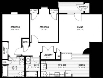  Floor Plan 2 Bedrooms, 2 Bathrooms - Deluxe