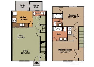 Floor Plan  A floor plan of a house with a kitchen, living room, dining room, two bedrooms, a bathroom, and a storage area.