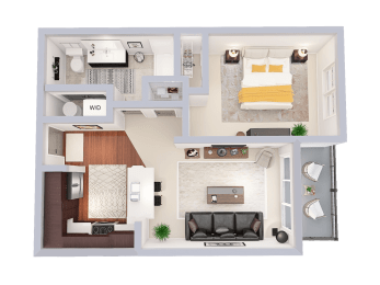 a 3d drawing of a bedroom and living room floor plan