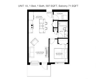  Floor Plan Unit 1A - 1 Bedroom, 1 Bathroom