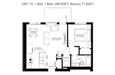  Floor Plan Unit 1C - 1 Bedroom, 1 Bathroom