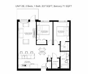  Floor Plan Unit 2B - 2 Bedrooms, 1 Bathroom