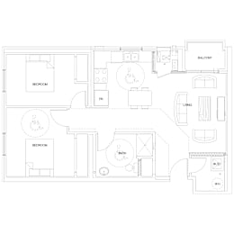 floorplan of a 2 bedroom 1 bathroom unit
