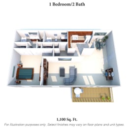 1 Bed 2 Bathroom Floor Plan at Knobs Pointe Apartments, Indiana