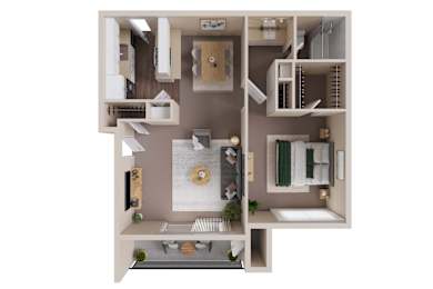 A 3D floor plan of a one-bedroom apartment with a kitchen, living room, and bathroom.