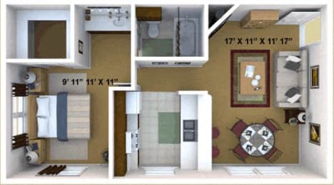 1 Bedroom, 1 Bathroom Floor Plan at Hidden Oaks Apartments, Citrus Heights, 95621