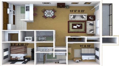 2 Bedroom, 2 Bathroom Floor Plan at Hidden Oaks Apartments, California, 95621