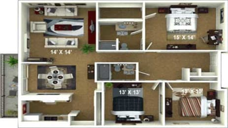 3 Bedroom, 2 Bathroom Floor Plan at The Renaissance Apartments, Citrus Heights, CA