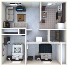 2 Bedroom, 1 Bathroom Floor Plan, 998 Sq.Ft.
