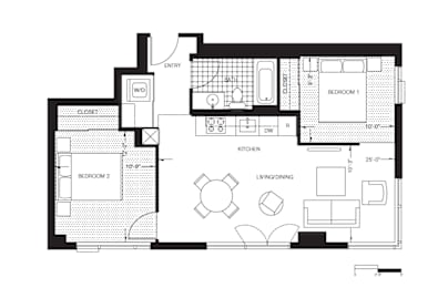  Floor Plan Two Bed, One Bath (B2)