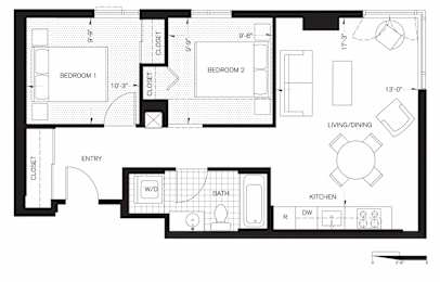  Floor Plan Two Bedroom, One Bath (B1)