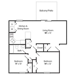  Floor Plan 2 Bed 1 Bath Apartment