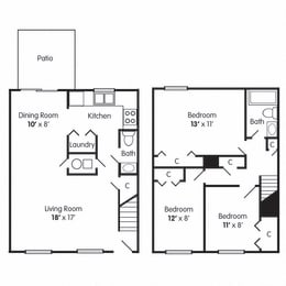 A floor plan of a three bedroom apartment with a living room, dining room, kitchen and bathroom.