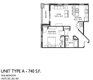 Floor Plan  1 bedroom 1 bath A