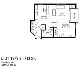 Floor Plan  1 bedroom 1 bath B