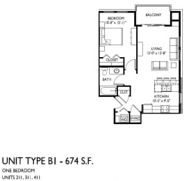 Floor Plan  1 bedroom 1 bath B-1