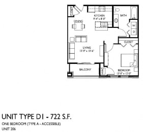 Floor Plan  1 bedroom 1 bath D-1 ADA