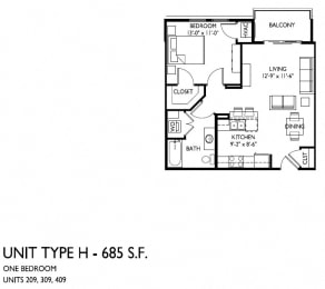 Floor Plan  1 bedroom 1 bath H