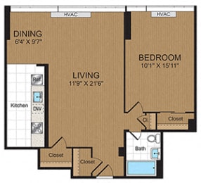 One Bedroom 1B Floorplan at Connecticut Park Apartments