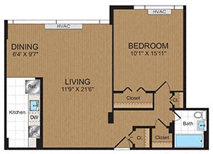 One Bedroom 1B1 Floorplan at Connecticut Park Apartments