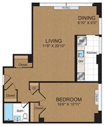 One-Bedroom 1C Floorplan at Connecticut Park Apartments