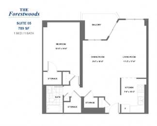 Floor Plan  The Forestwoods - 1 BED - 1 BATH - 789 SF - Apartment