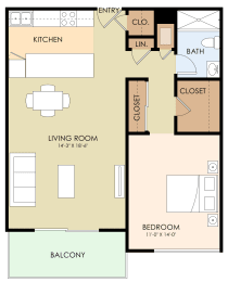 1 bedroom 1 bathroom floor plan 712 Sq.Ft. at Madison Place, San Mateo, CA