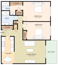 Two Bedroom Two Bath Floor Plan at Laurel Grove, Menlo Park, CA, 94025