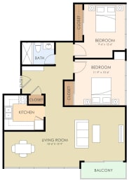 2 bedroom 1 bathroom floor plan 835 Sq.Ft. at Ambassador, California