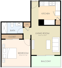 One Bedroom One Bath Floor Plan  at Courtyard, Redwood City, CA