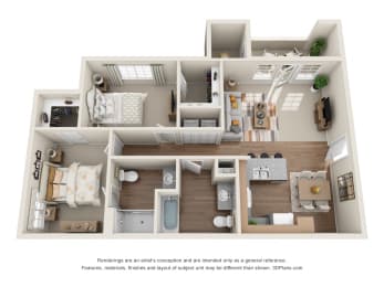2 Bedroom 3D Floorplan
