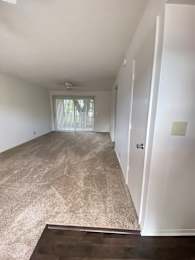 A room with a carpeted floor and a door. at Imperial Gardens Apartments, Clearwater, Florida