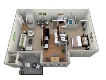 1 Bedroom 1 Bath Deluxe 3D Floor Plan at Westwinds Apartments, Maryland